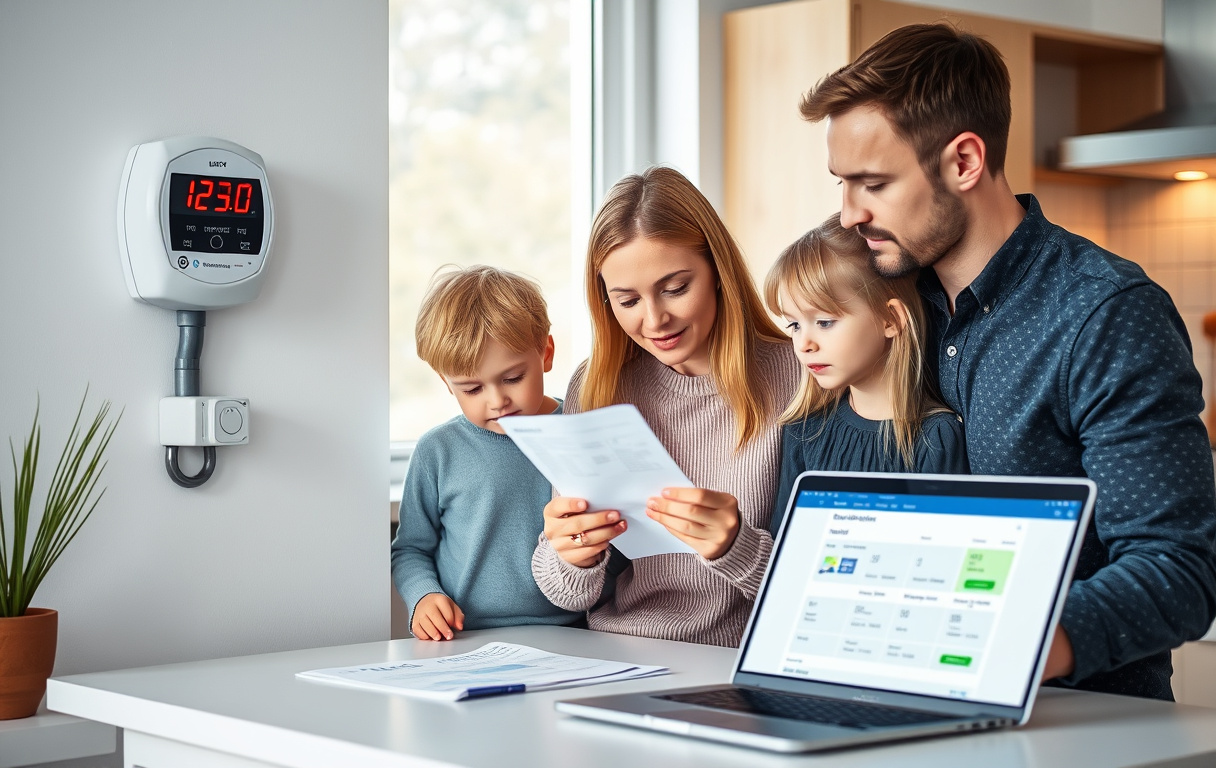 Familj som tittar på elräkning i kök med digital elmätare på väggen
